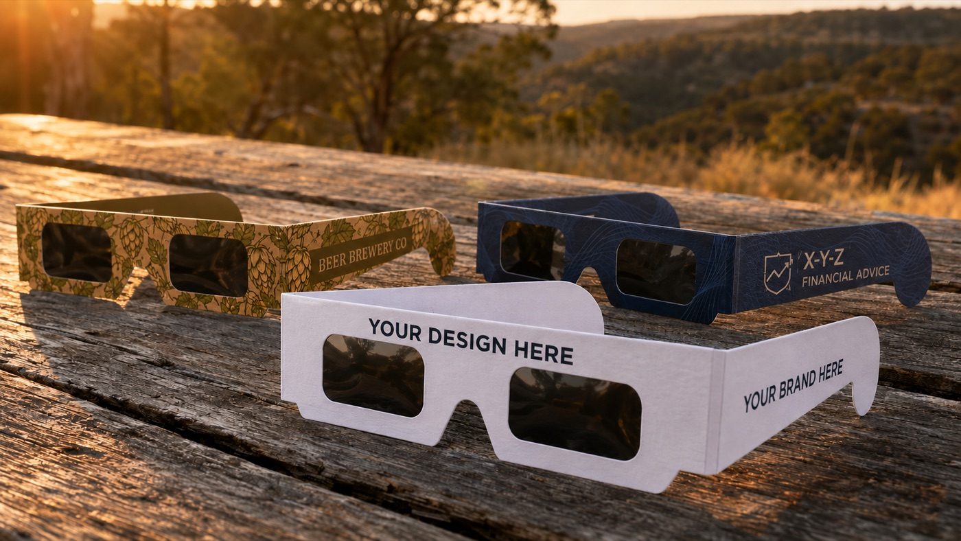 Three custom-branded paper eclipse glasses on a timber table at sunset, one printed with placeholder brand artwork