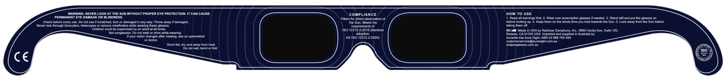 Full back print of the Aurasite Blue paper eclipse glasses with the safety text, laid flat