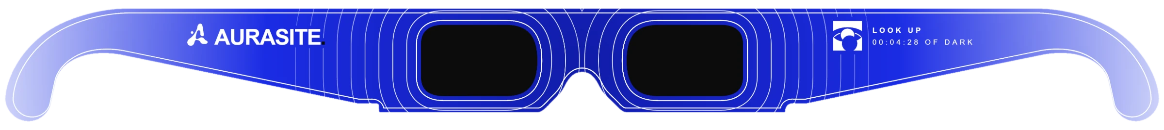 Full front print of the Aurasite Blue paper eclipse glasses, laid flat