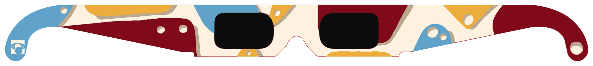 A pair of paper eclipse glasses laid flat with a printed design on the frame