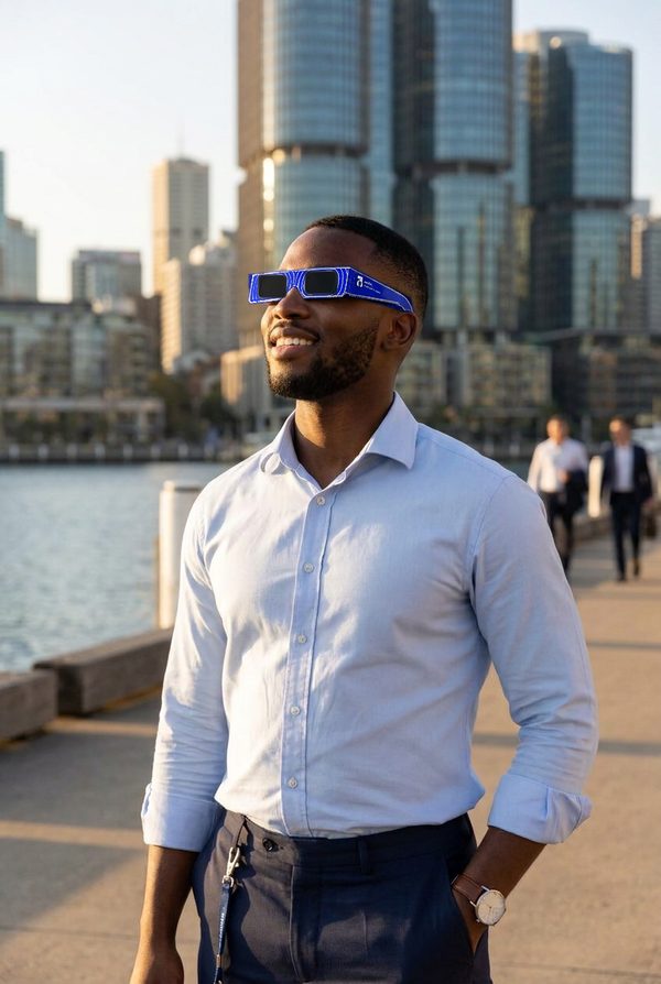 Man on the Barangaroo foreshore in Sydney wearing certified paper eclipse glasses in the Aurasite Blue design