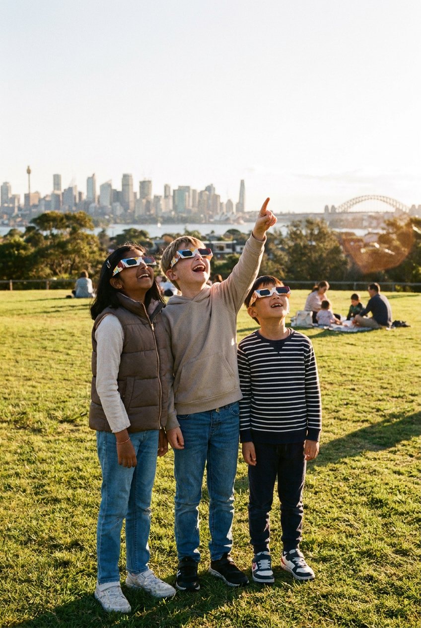 Three children in paper eclipse glasses on a harbour park lawn, one pointing at the sky