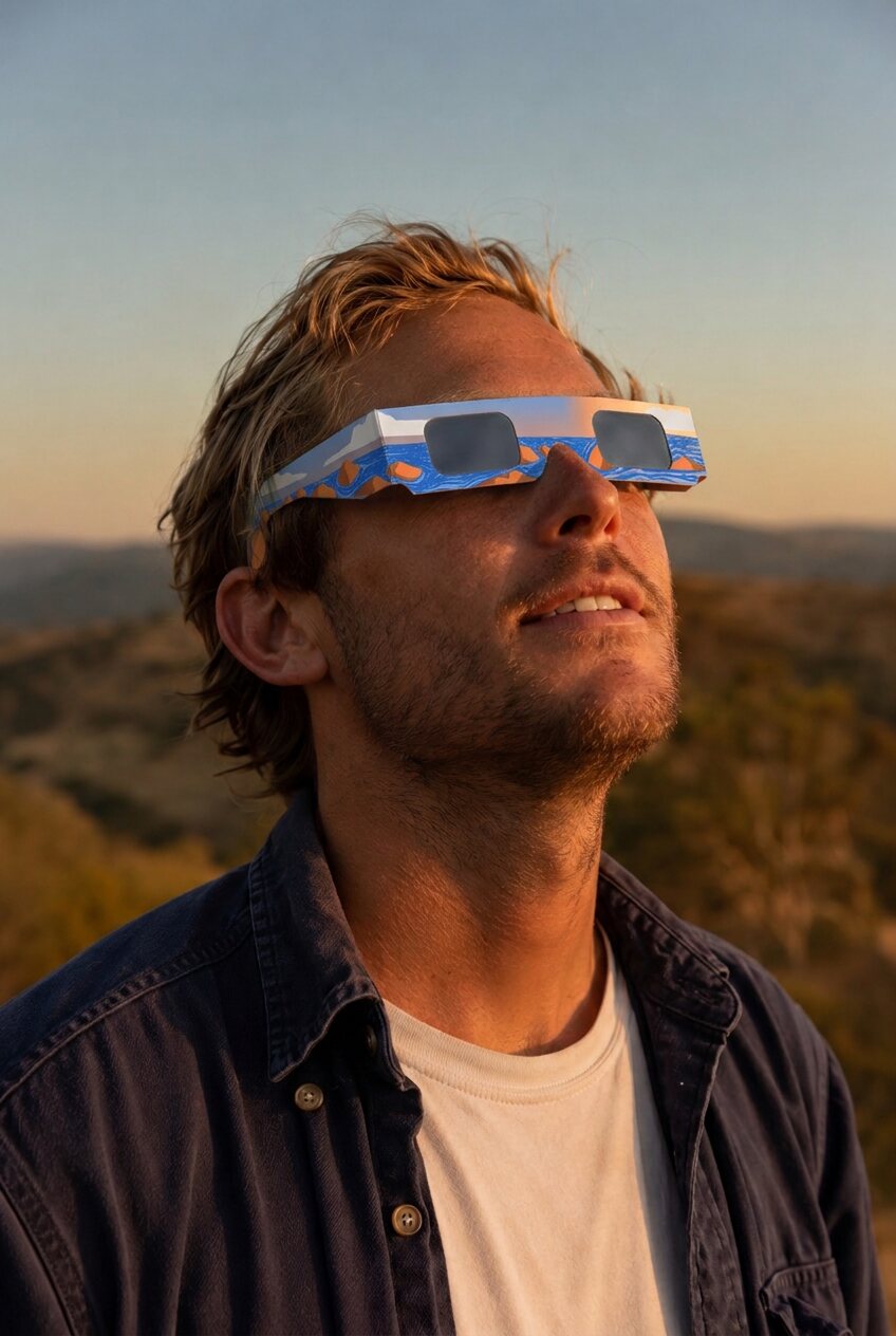 Man watching the sun through certified paper eclipse glasses in the Landscape design at golden hour