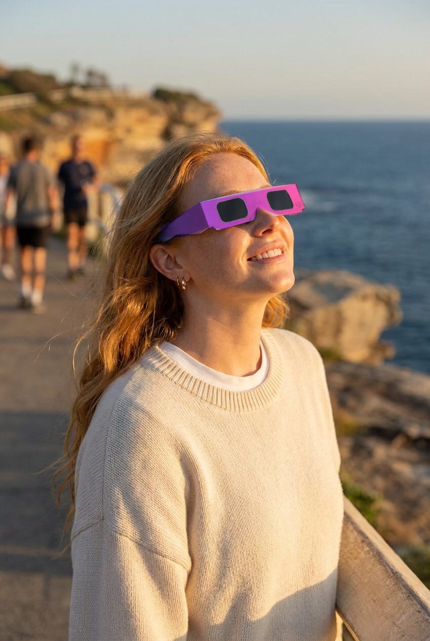 Woman on a coastal walking track looking up through paper eclipse glasses in the Pink Blue design