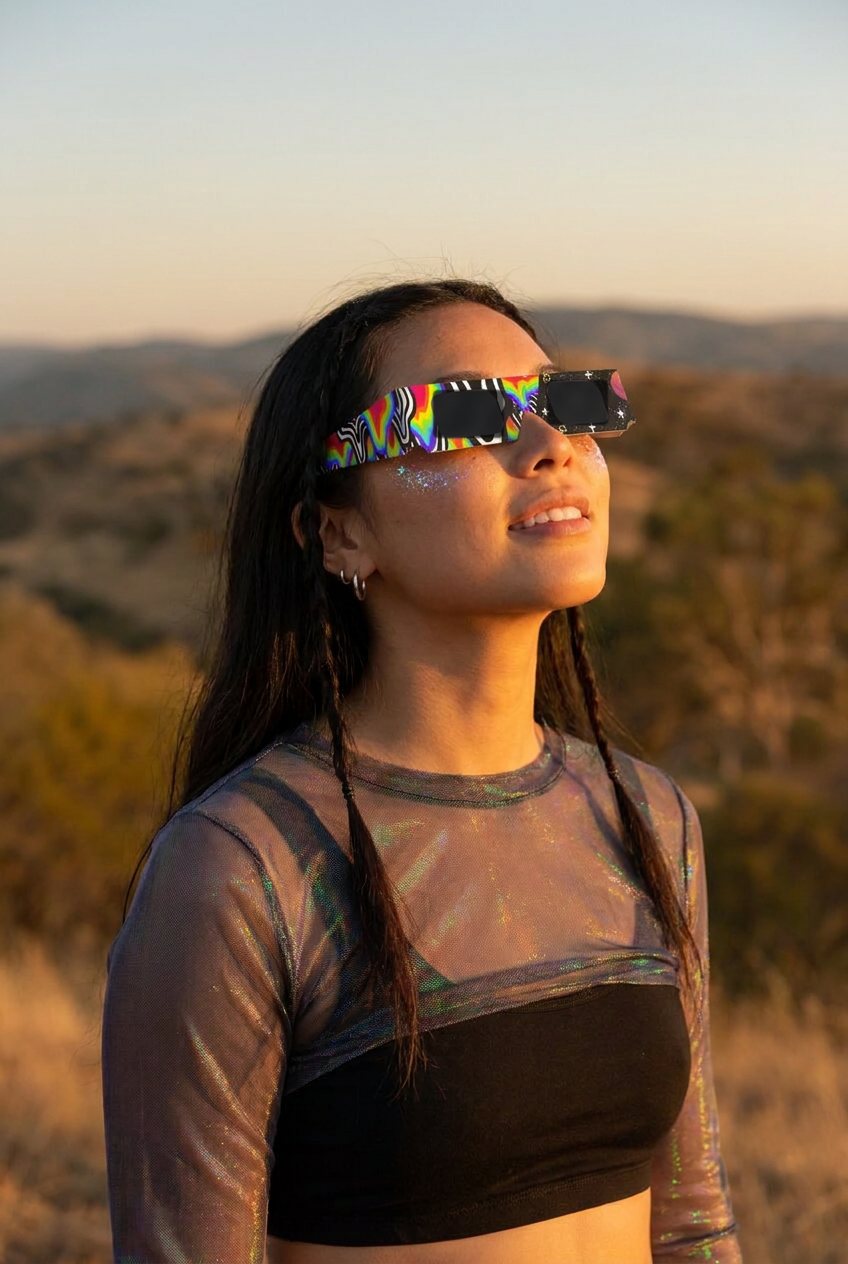 Woman looking up through paper eclipse glasses in the Space design at golden hour
