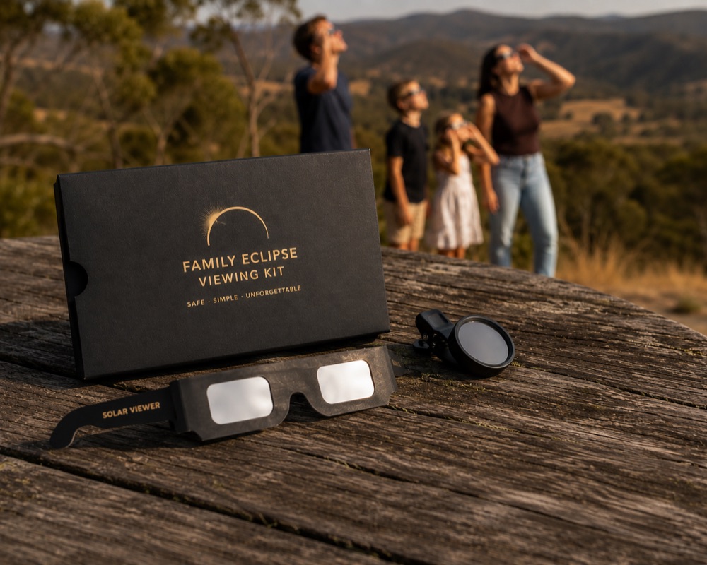 Family eclipse viewing kit with solar viewer glasses and phone filter, family watching the sky behind