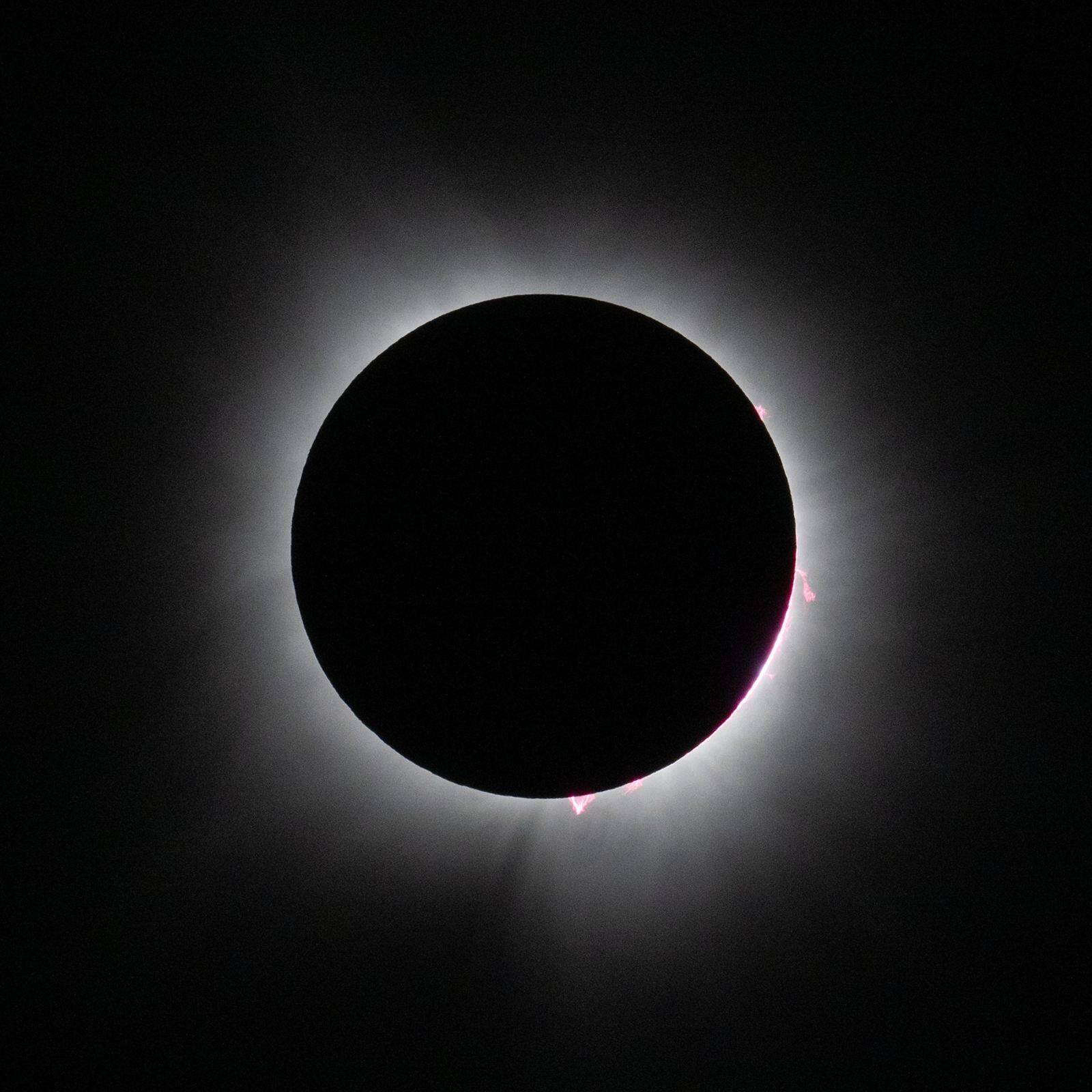 The Sun's corona and red prominences around the Moon during a total solar eclipse