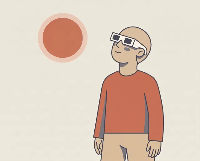 插图：戴着日食眼镜仰望太阳的孩子
