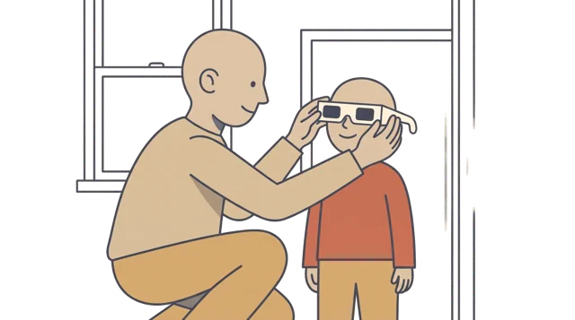 An adult fits glasses on children, in the shade