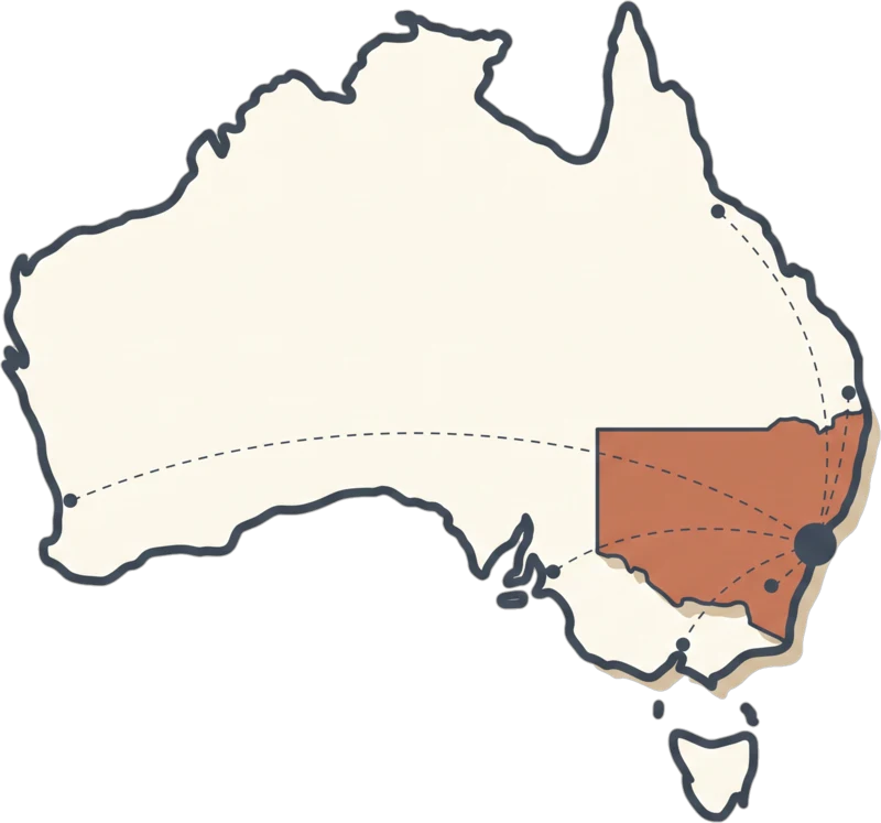 Map of Australia with NSW highlighted and routes to every capital